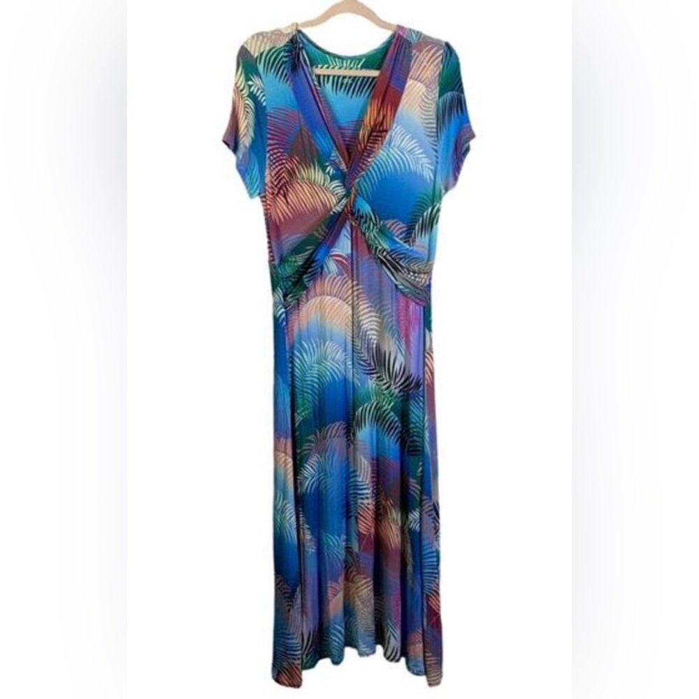 SOFT‎ SURROUNDINGS Dress Anya Tropical Ombre Palm Print Twist Front Jersey Knit